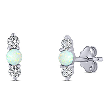 Art Deco Three Stone Stud Earring Simulated Cubic Zirconia Created White Opal Solid 925 Sterling Silver (9mm)